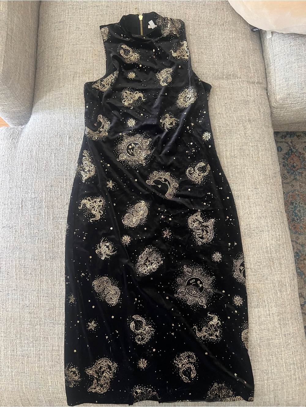 Urban Outfitters Black Velvet Sleeveless Midi Dress with Gold Celestial Print